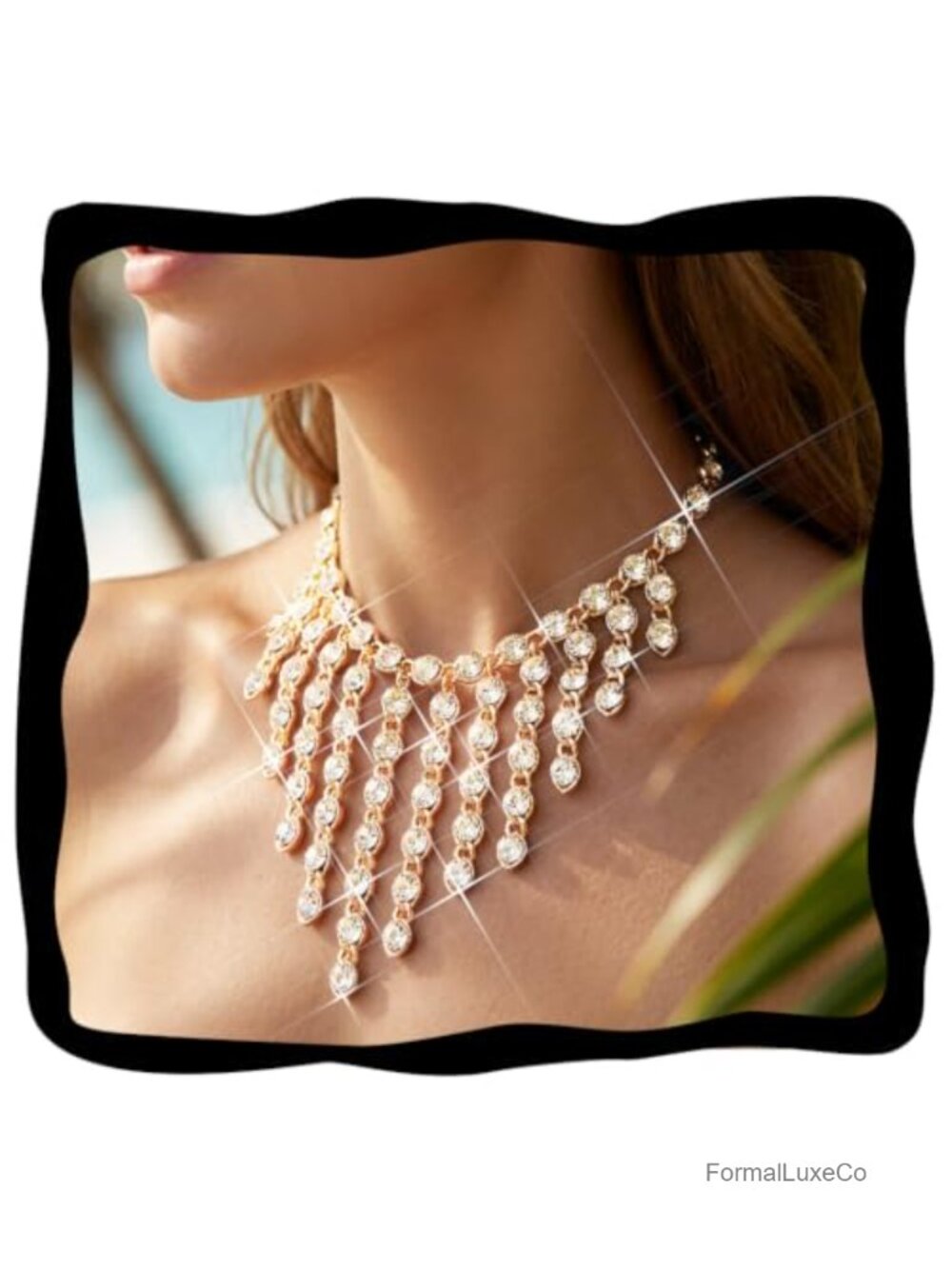 Gold Rhinestone Tassel Choker Necklace, Crystal Bridal Jewelry, Adjustable Chain
